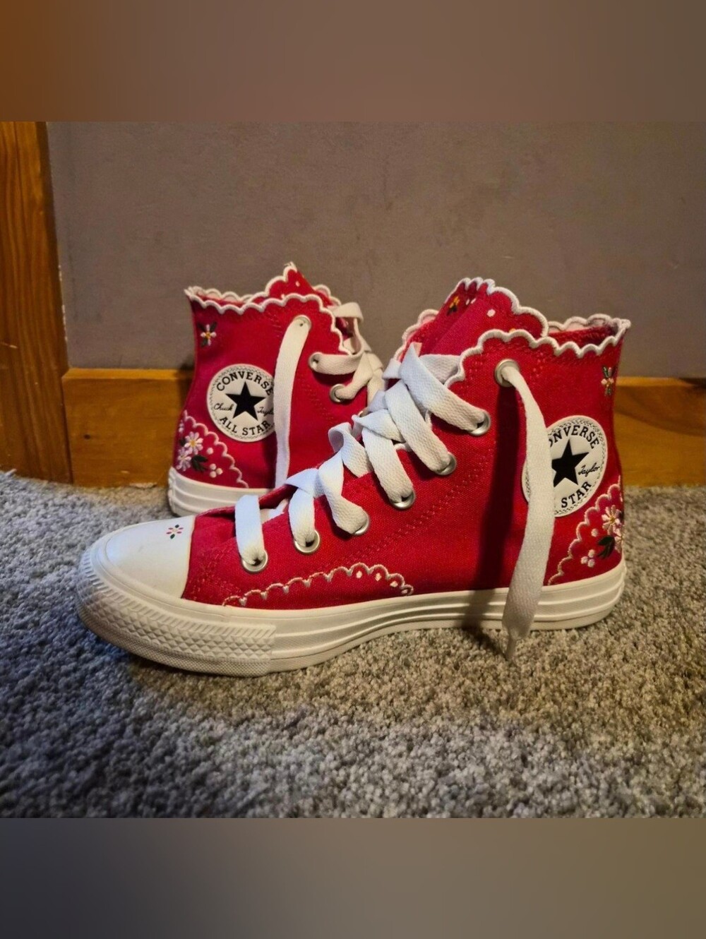 Converse Floral Red Scalloped High Top Sneakers